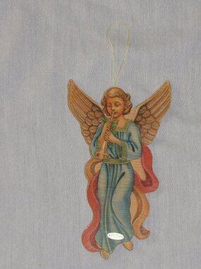 Vintage Silvestri 2 Sided Wood Angel Horn Music Christmas Ornament Taiwan